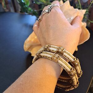 VINTAGE ART DECO STYLE PAIR GOLD TONED BANGLE CUFF BRACELETS CREAM GOLD INLAYS